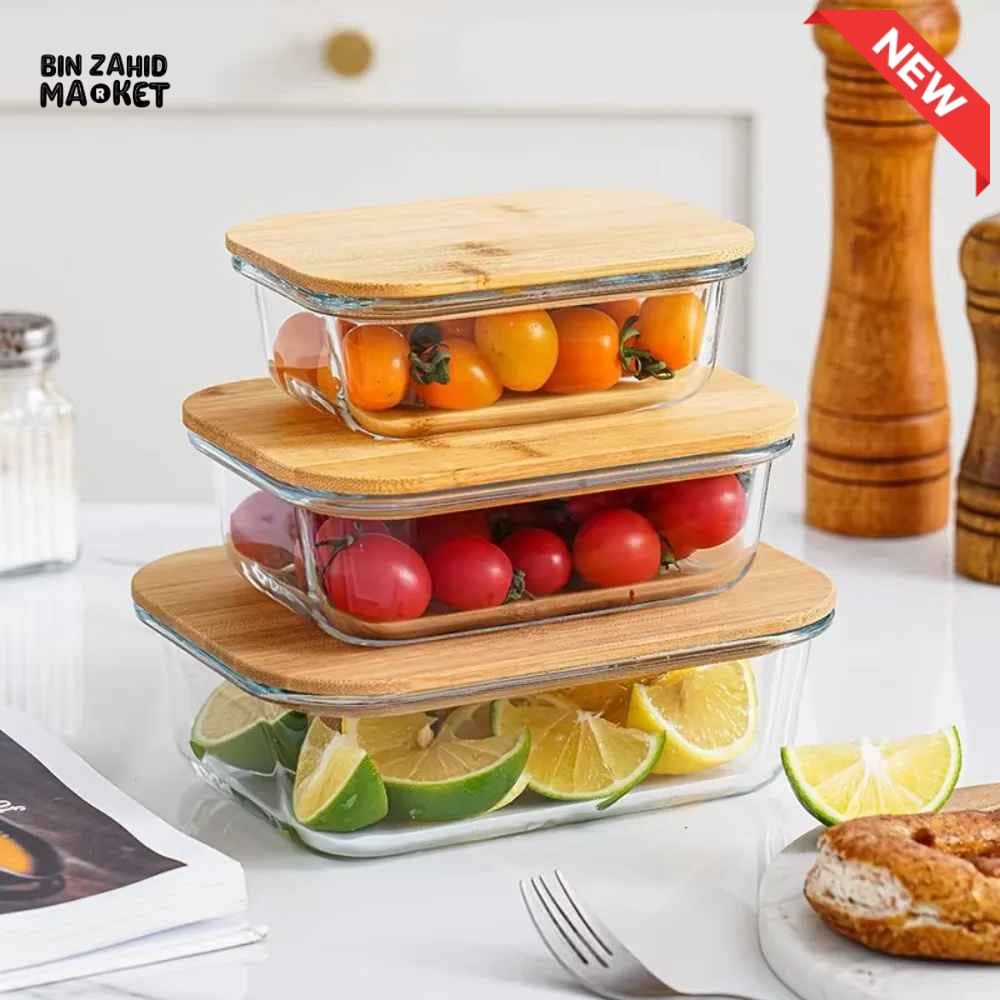 GLASS FOOD STORAGE CONTAINERS WITH NATURAL BAMBOO LIDS-3 PIECE