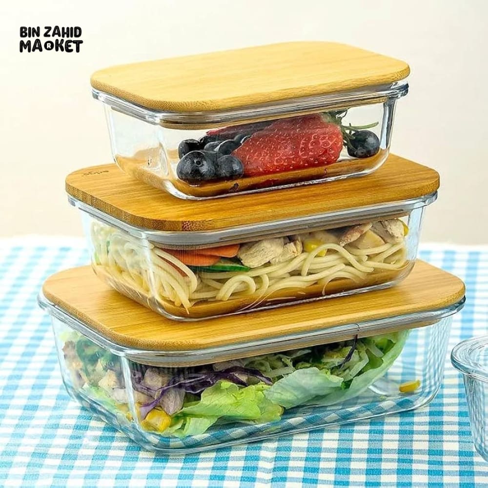 GLASS FOOD STORAGE CONTAINERS WITH NATURAL BAMBOO LIDS-3 PIECE