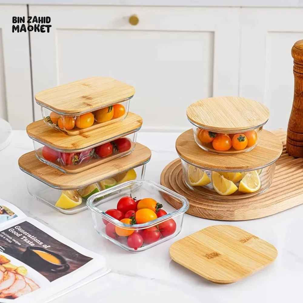 GLASS FOOD STORAGE CONTAINERS WITH NATURAL BAMBOO LIDS-3 PIECE