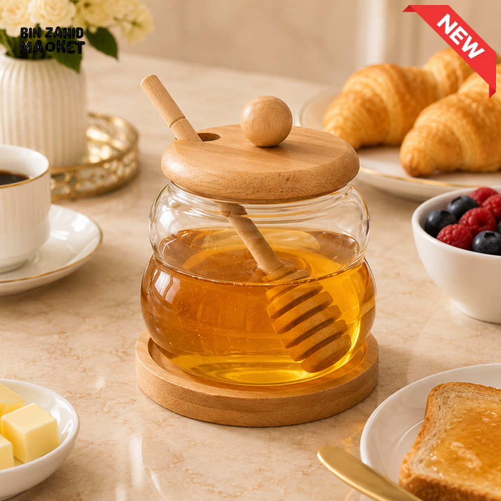 GLASS HONEY JAR WITH WOODEN LID DIPPER & BASE