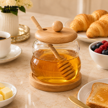 GLASS HONEY JAR WITH WOODEN LID DIPPER & BASE