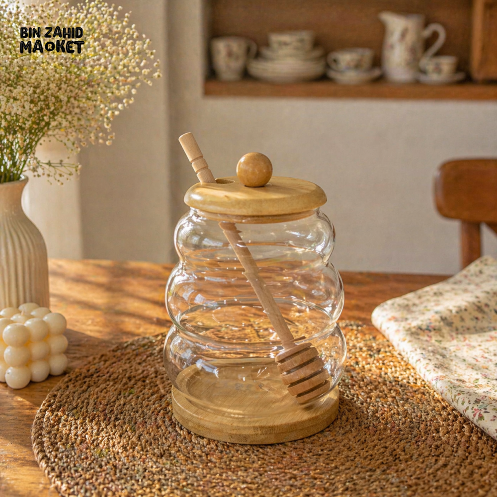 GLASS HONEY JAR WITH WOODEN LID & DIPPER