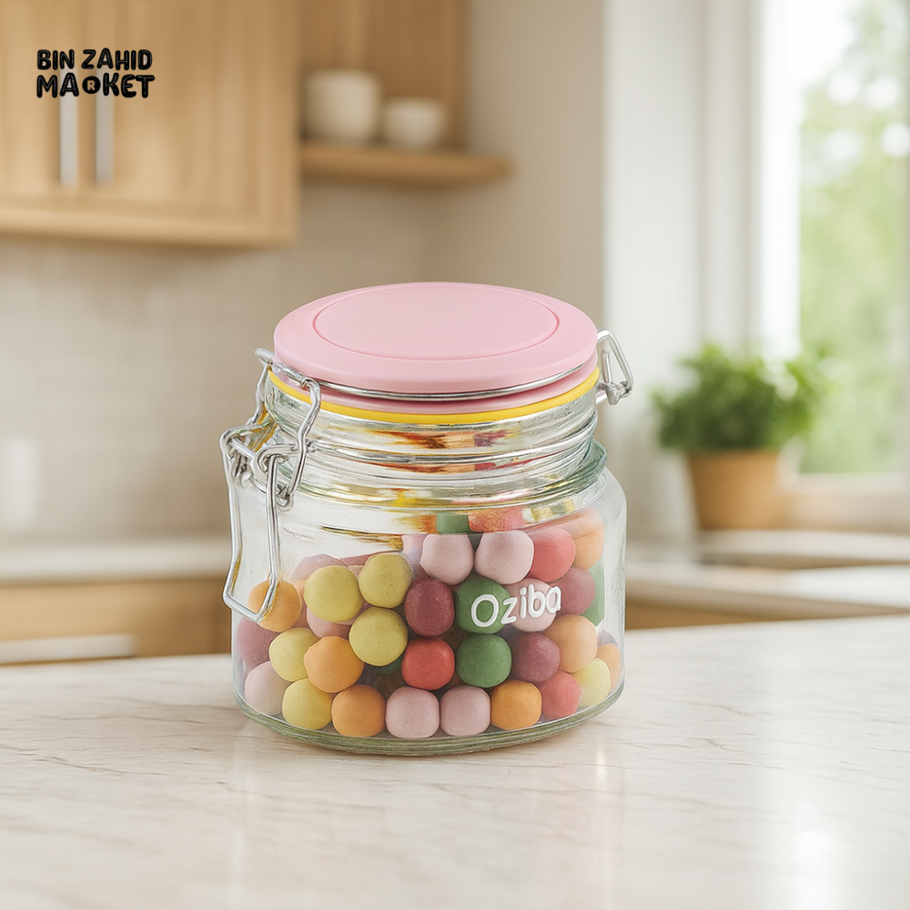 GLASS JAR WITH PINK LID FILLED WITH COLORFUL CANDY BALLS – AIRTIGHT FOOD STORAGE CONTAINER