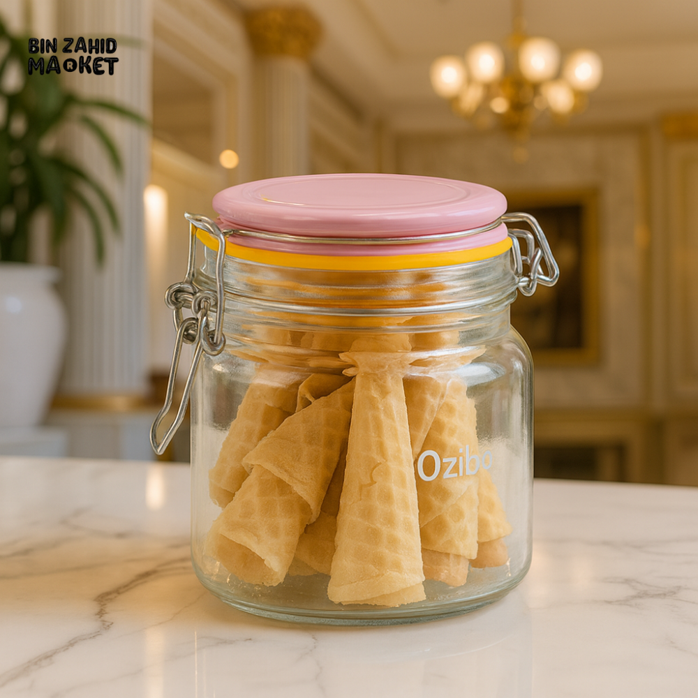 GLASS JAR WITH PINK LID FILLED WITH WAFER ROLLS – AIRTIGHT FOOD STORAGE CONTAINER
