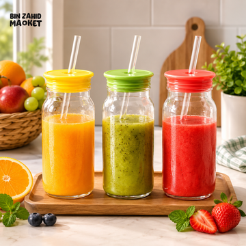 GLASS JUICE BOTTLE WITH STRAW - 1 PIECE