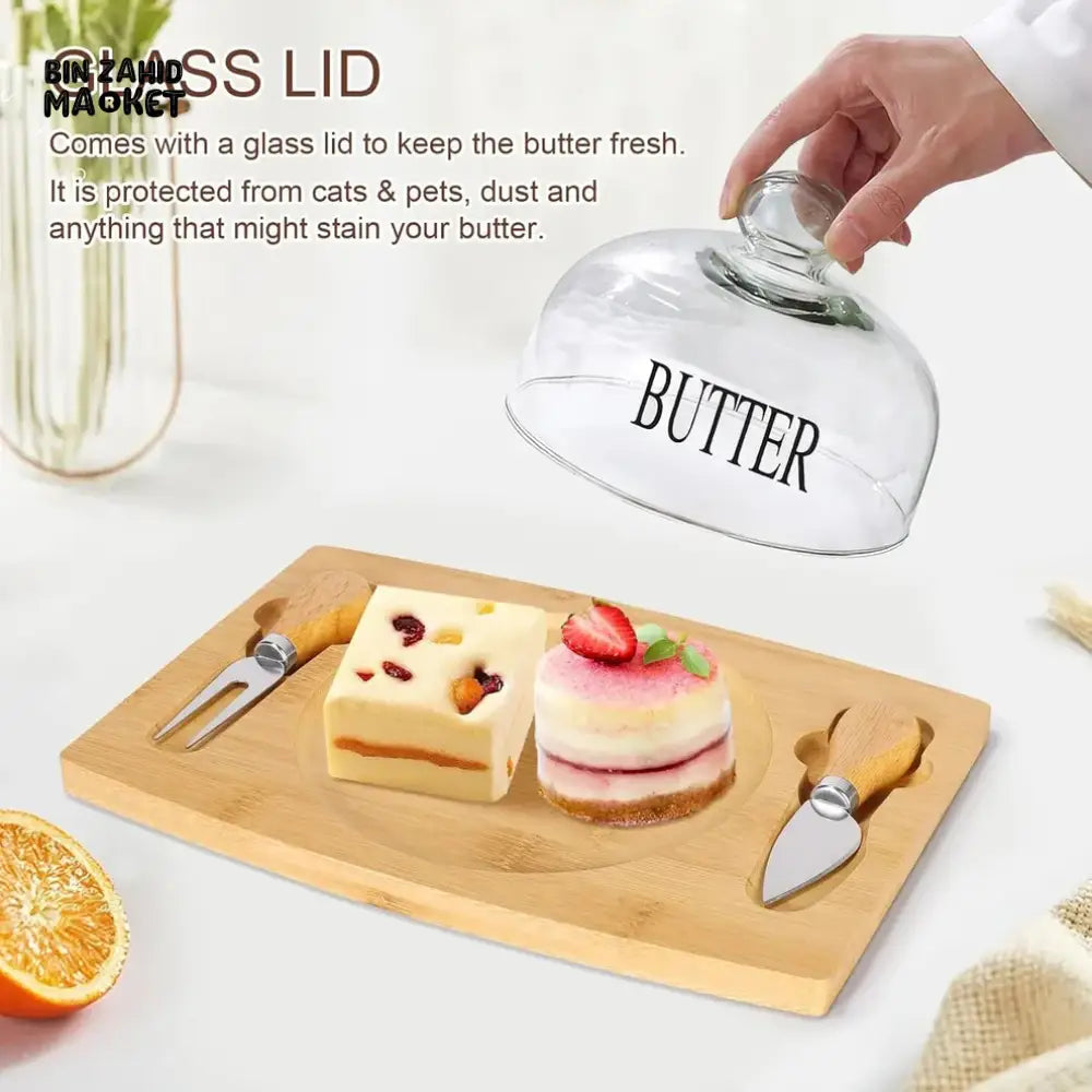 GLASS LID BUTTER DISH WITH BAMBOO BASE – MINIMALIST & ELEGANT KITCHEN STORAGE