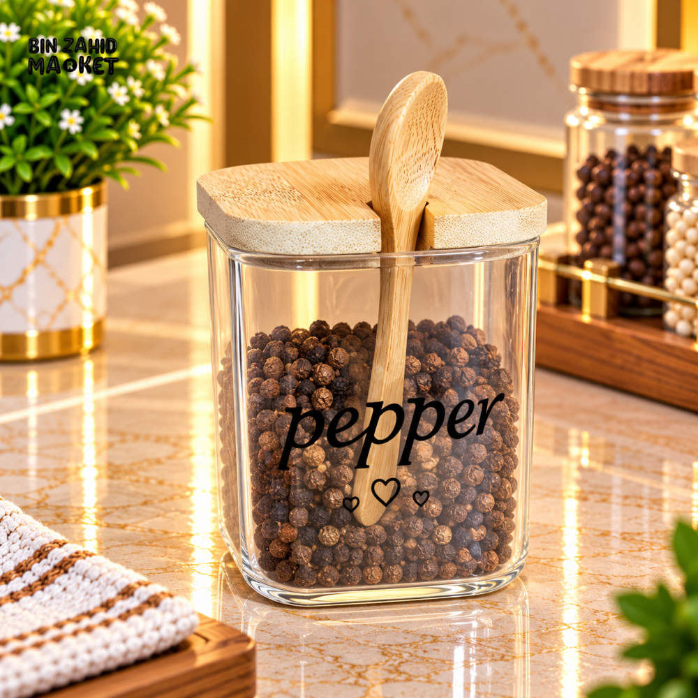 GLASS PEPPER STORAGE JAR WITH BAMBOO LID AND WOODEN SPOON - Storage Jars & Canisters