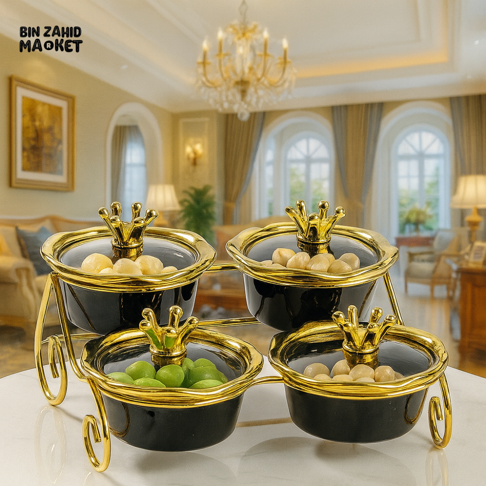 GLASS SERVING BOWLS WITH GOLD CROWN LIDS – LUXURY SNACK SET FOR VILLA DECOR BLACK ZQ 029B