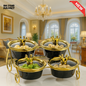 GLASS SERVING BOWLS WITH GOLD CROWN LIDS – LUXURY SNACK SET FOR VILLA DECOR BLACK ZQ 029B