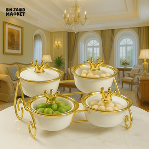 GLASS SERVING BOWLS WITH GOLD CROWN LIDS – LUXURY SNACK SET FOR VILLA DECOR WHITE ZQ 030W