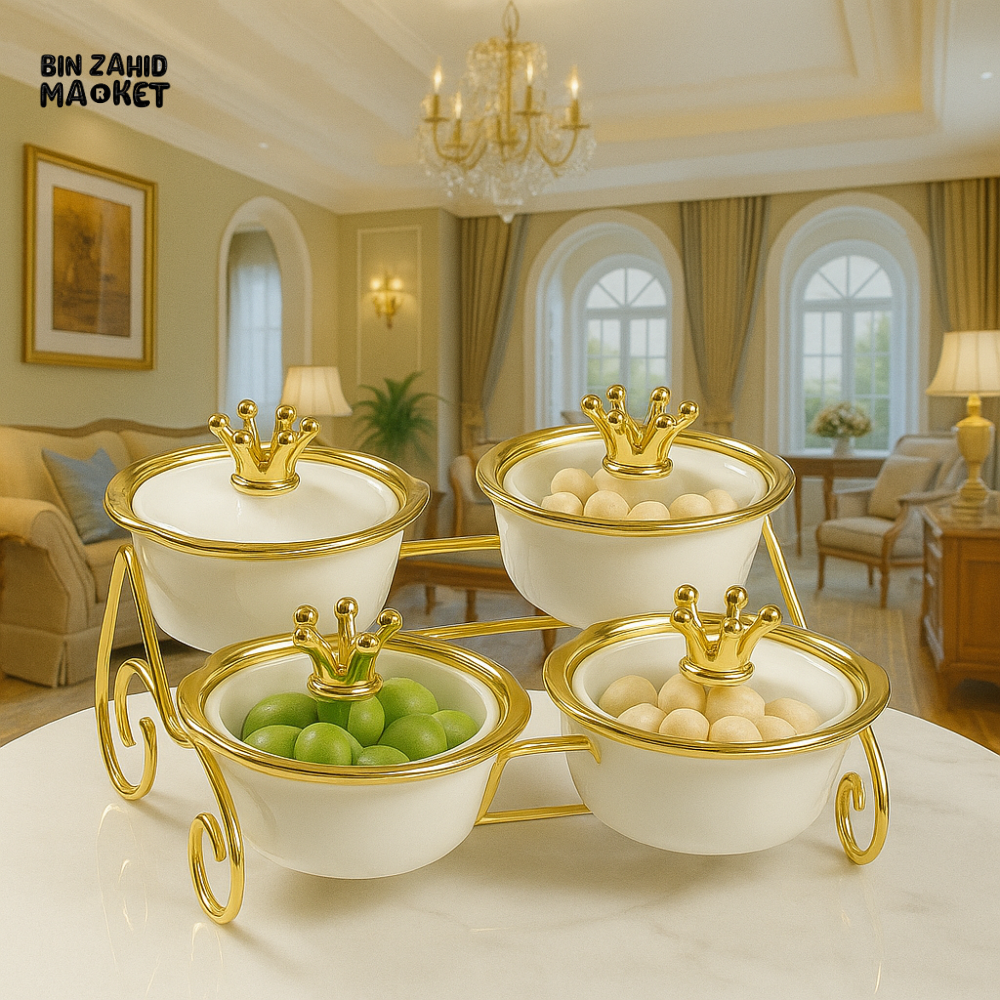GLASS SERVING BOWLS WITH GOLD CROWN LIDS – LUXURY SNACK SET FOR VILLA DECOR WHITE ZQ 030W