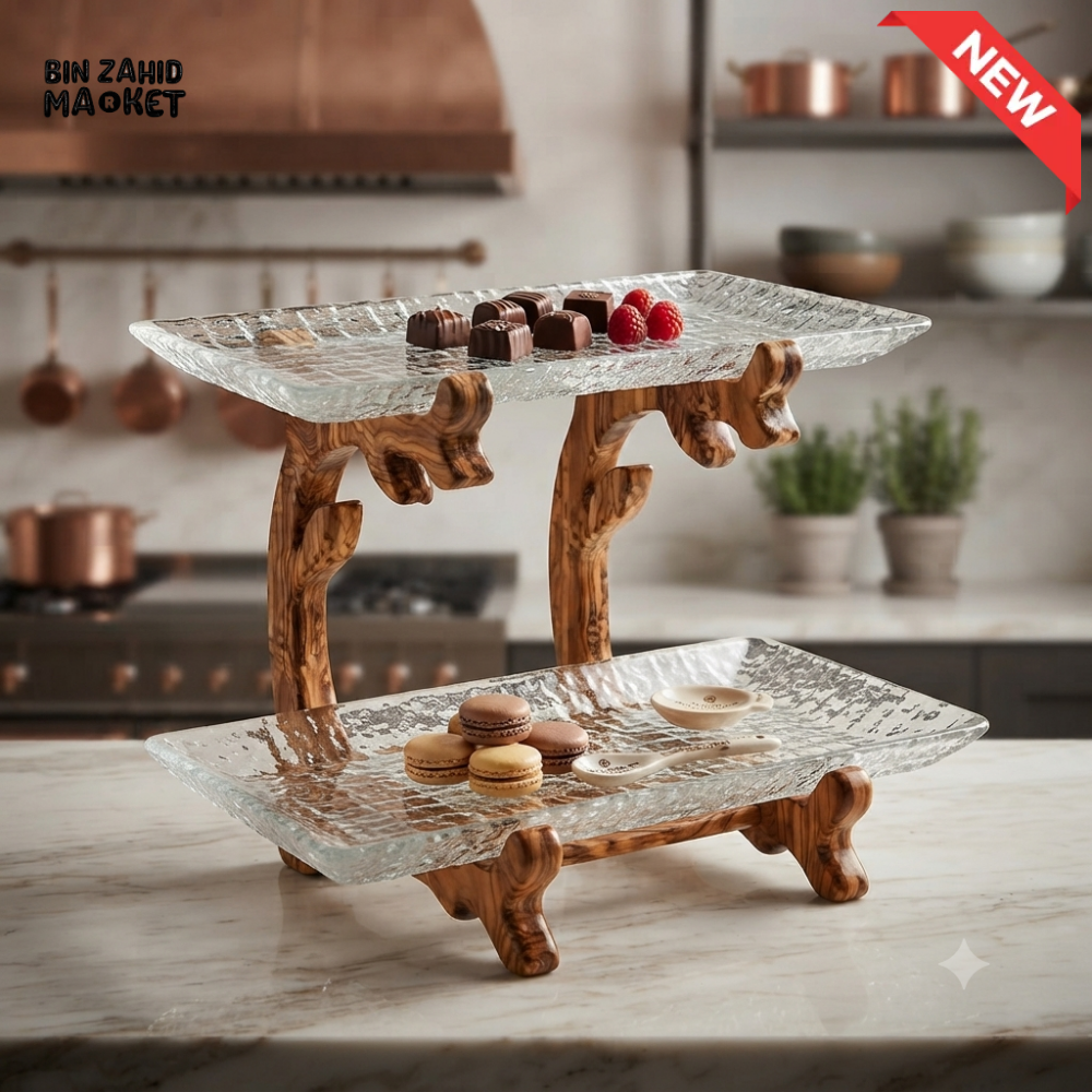 GLASS SERVING STAND WITH WOODEN FRAME - RECTANGULAR