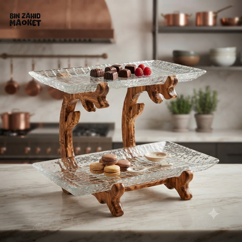 GLASS SERVING STAND WITH WOODEN FRAME - RECTANGULAR