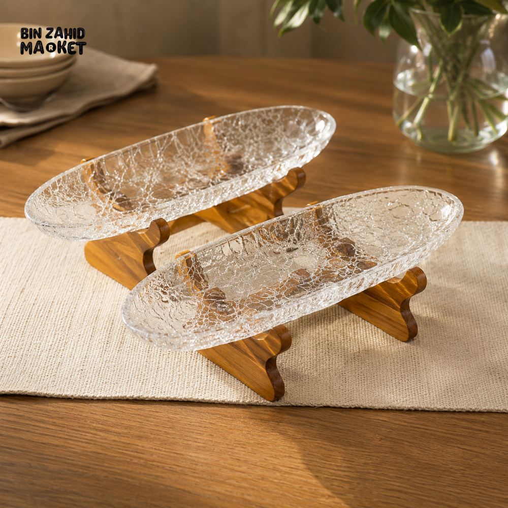 GLASS SERVING TRAY WITH WOODEN STAND - OVAL
