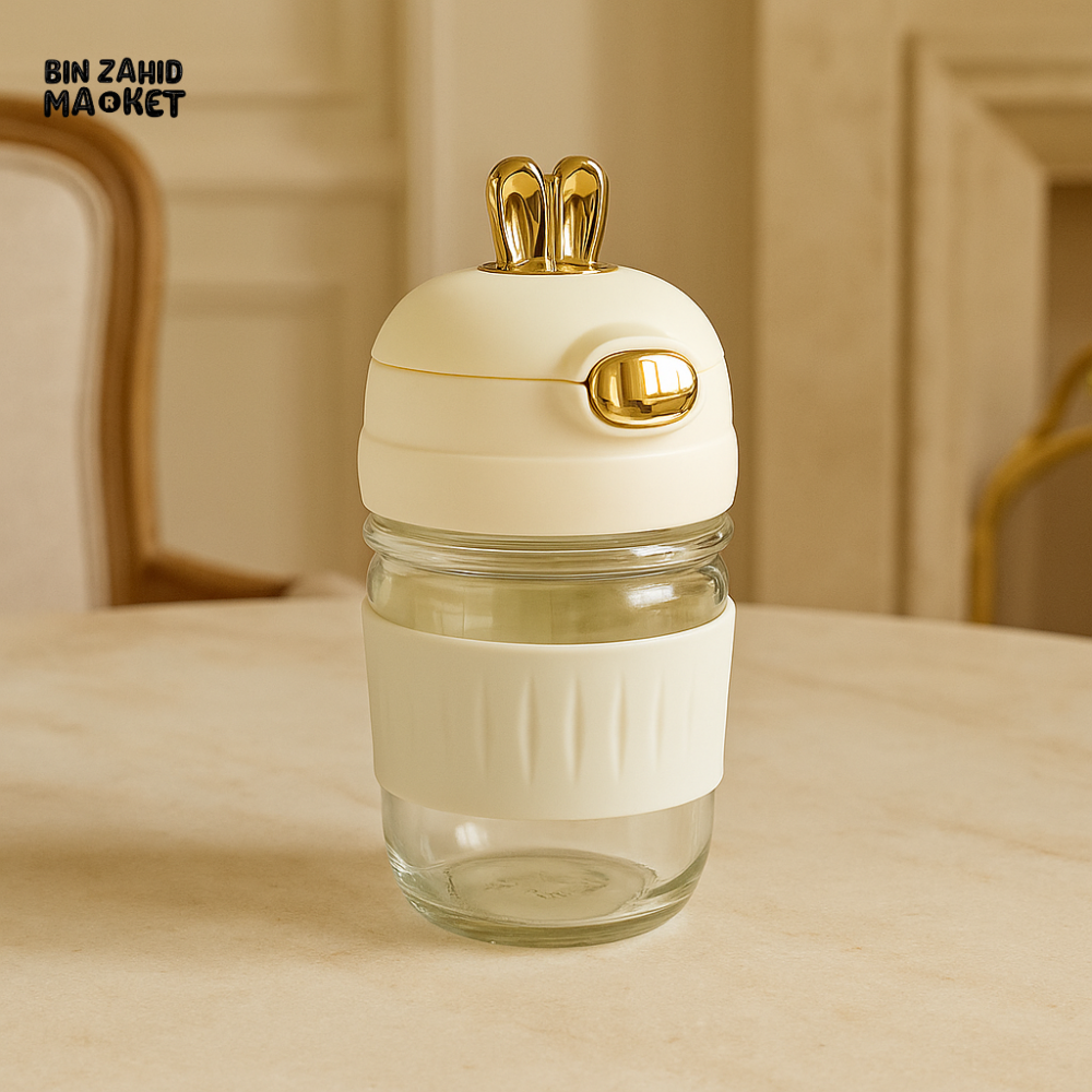 GLASS SIPPER 350ML – CUTE BUNNY LID | PORTABLE & LEAK-PROOF KIDS WATER BOTTLE