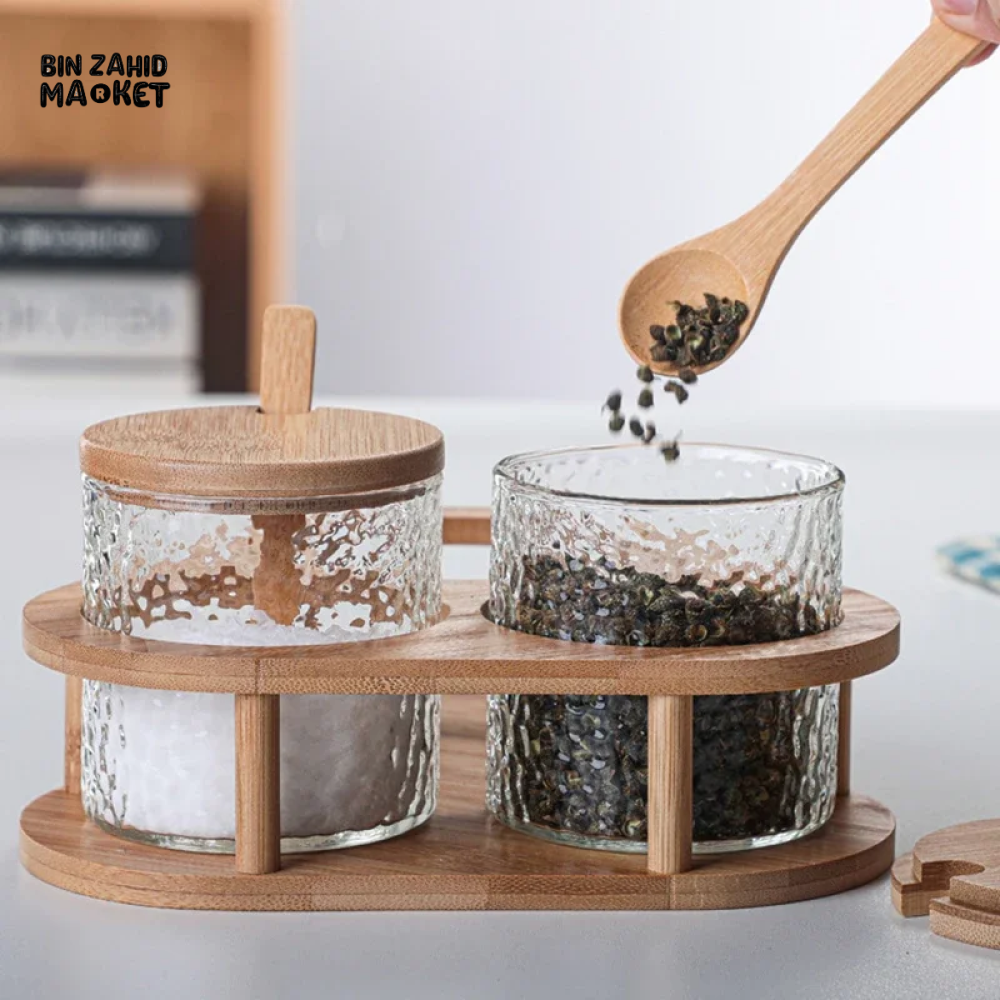 GLASS SPICE JAR SET WITH BAMBOO LIDS 3PCS SALT SUGAR & SPICE CONTAINERS WITH STAND