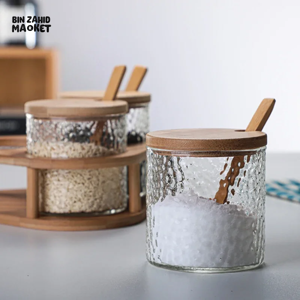 GLASS SPICE JAR SET WITH BAMBOO LIDS 3PCS SALT SUGAR & SPICE CONTAINERS WITH STAND