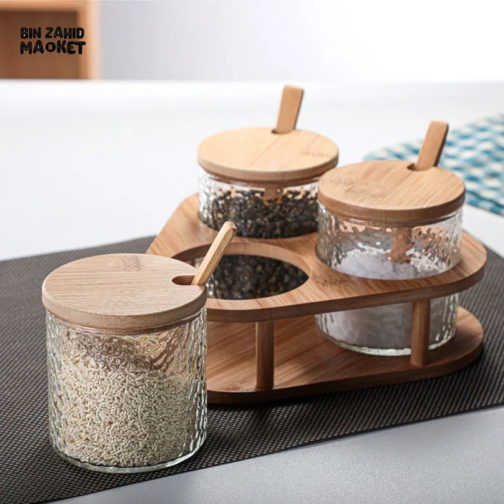 GLASS SPICE JAR SET WITH BAMBOO LIDS 3PCS SALT SUGAR & SPICE CONTAINERS WITH STAND