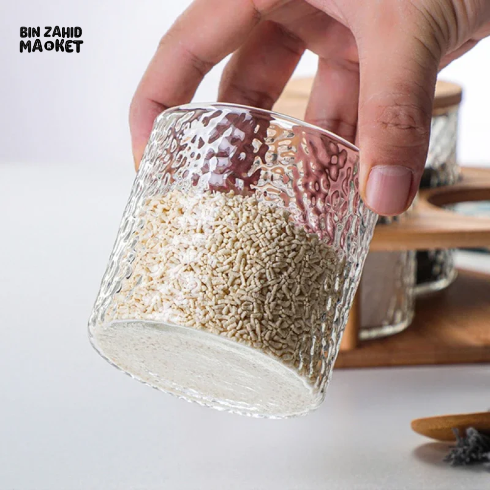 GLASS SPICE JAR SET WITH BAMBOO LIDS 3PCS SALT SUGAR & SPICE CONTAINERS WITH STAND