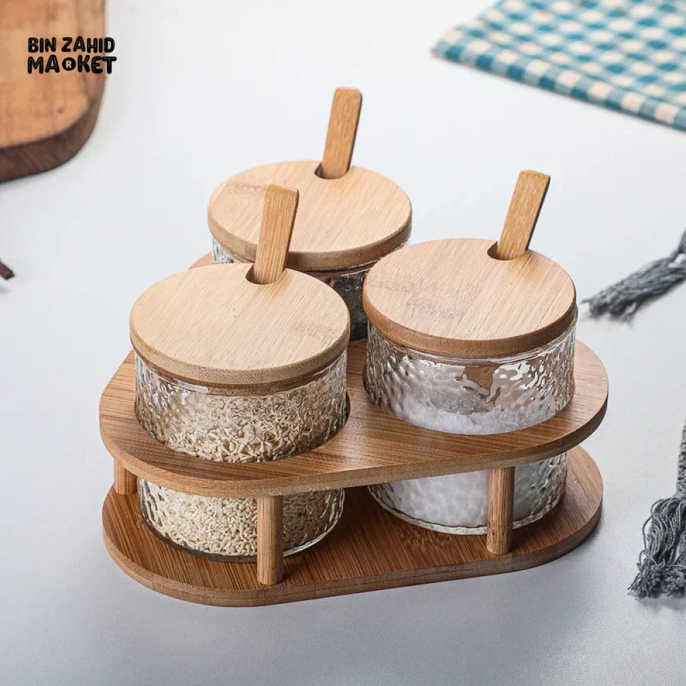 GLASS SPICE JAR SET WITH BAMBOO LIDS 3PCS SALT SUGAR & SPICE CONTAINERS WITH STAND