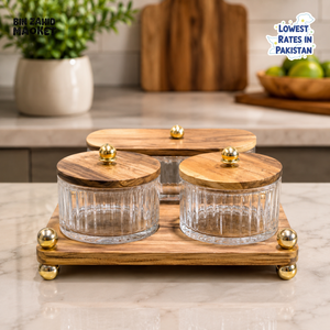 GLASS STORAGE JAR SET WITH WOODEN TRAY - 3 PIECE SET