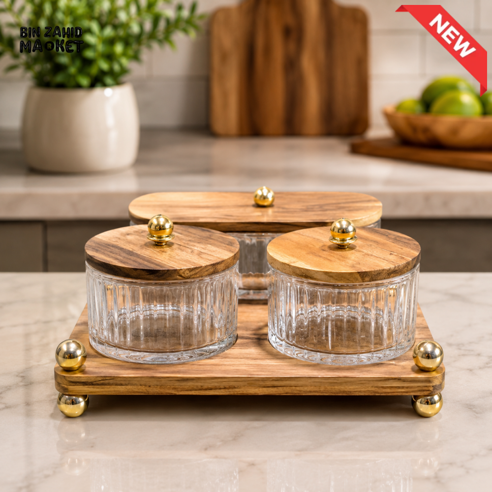 GLASS STORAGE JAR SET WITH WOODEN TRAY - 3 PIECE SET