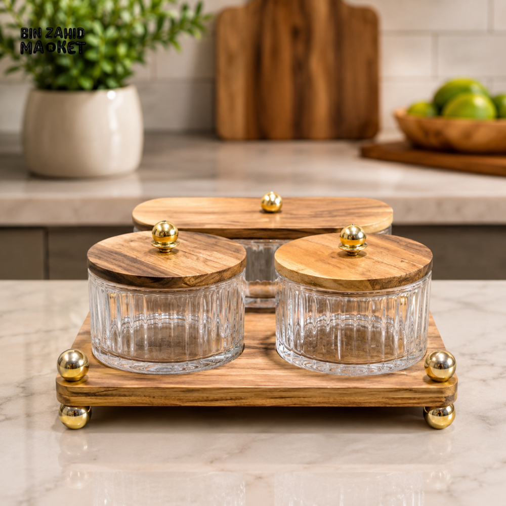 GLASS STORAGE JAR SET WITH WOODEN TRAY - 3 PIECE SET