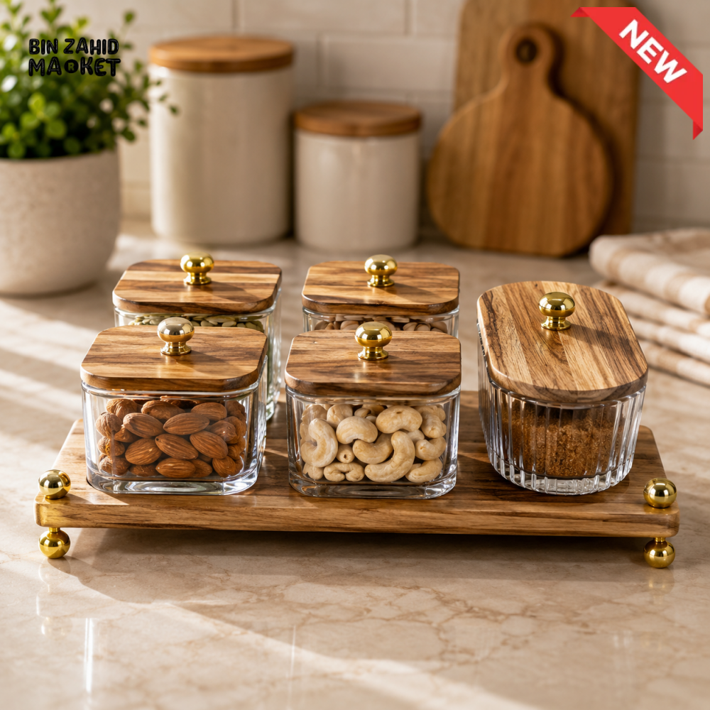GLASS STORAGE JAR SET WITH WOODEN TRAY - 5 PIECE SET