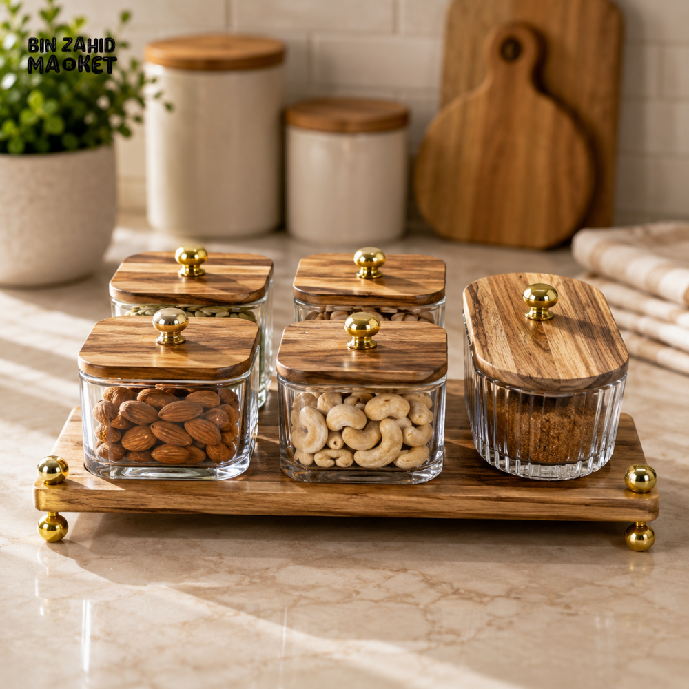 GLASS STORAGE JAR SET WITH WOODEN TRAY - 5 PIECE SET
