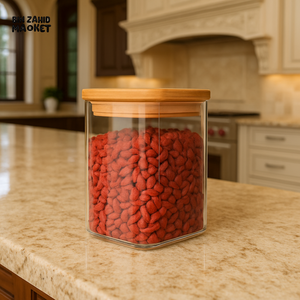 GLASS STORAGE JAR WITH BAMBOO LID - 10X14CM