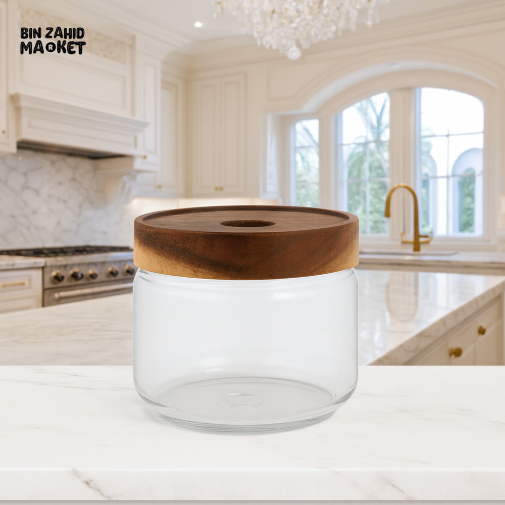 GLASS STORAGE JAR WITH WOODEN LID BG45023