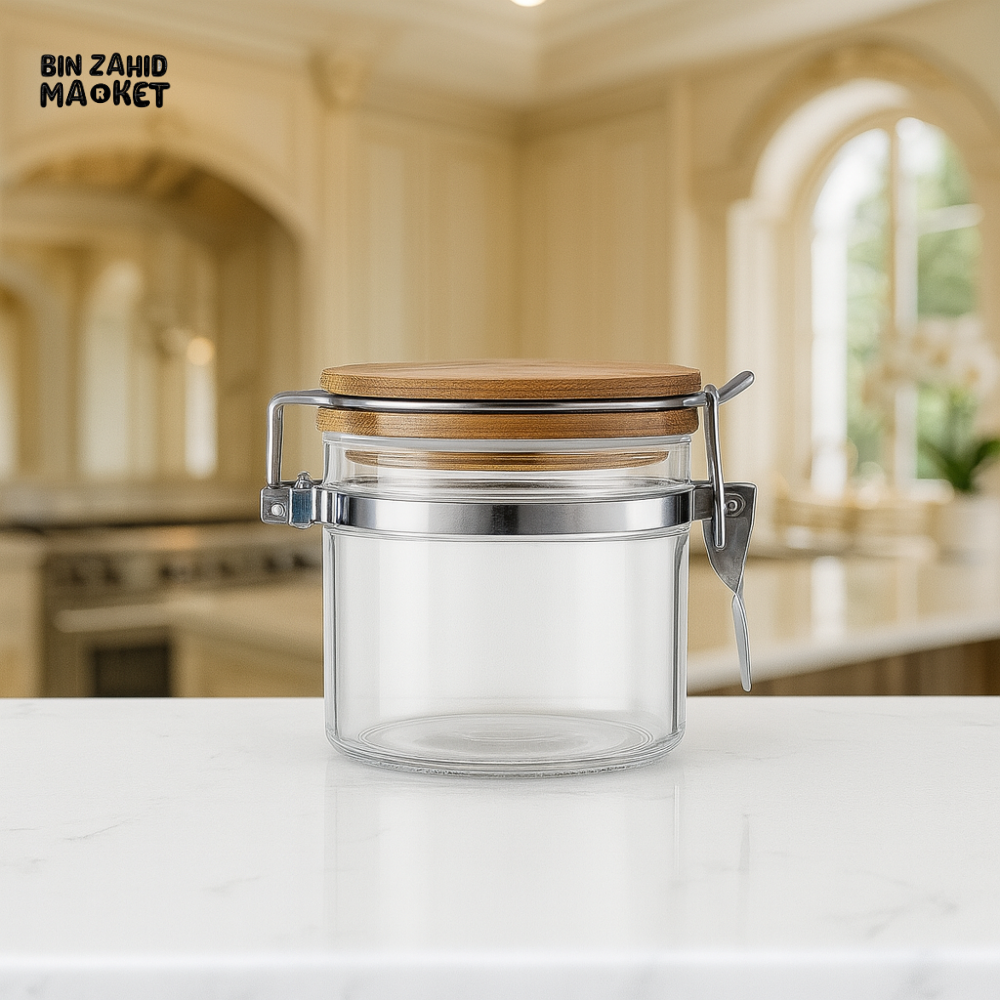 GLASS STORAGE JAR WITH WOODEN LID & METAL CLASP LX 031