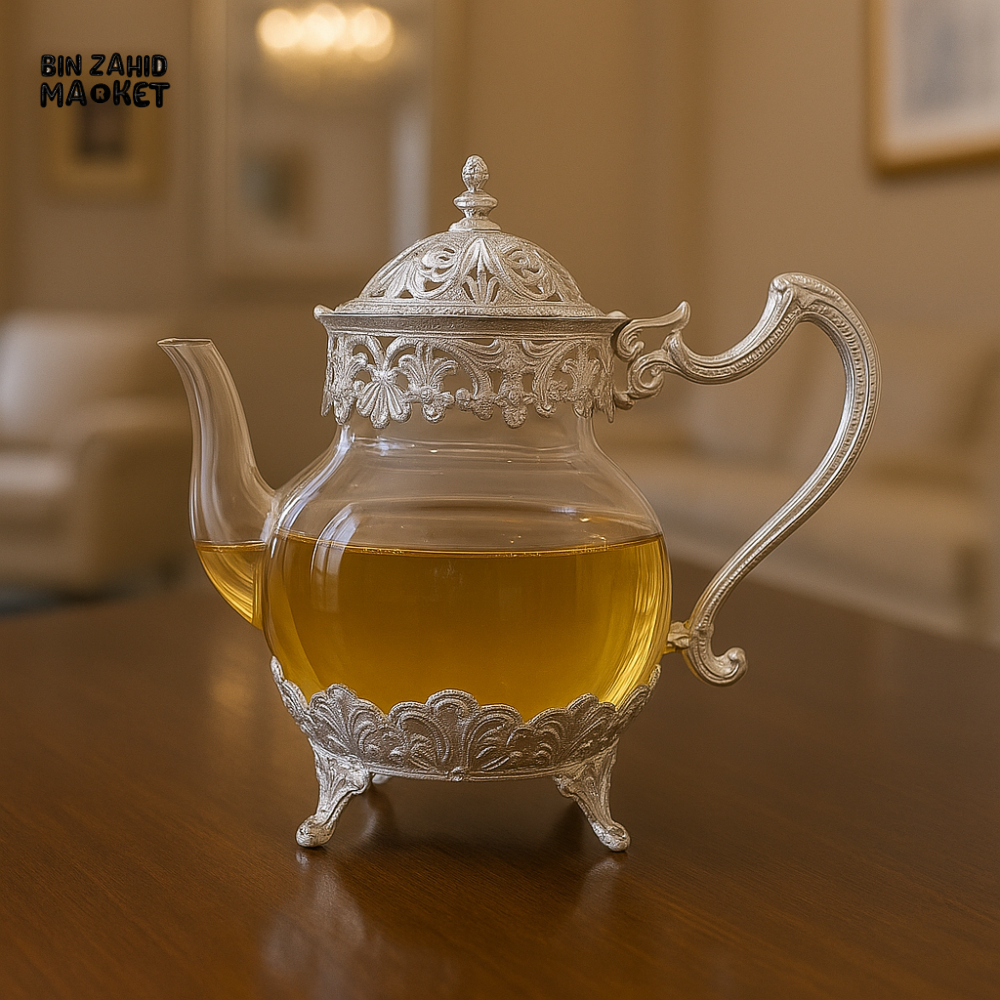 GLASS TEAPOT WITH HANDLE AND JUICE SERVING DESIGN - SILVER JWG-036