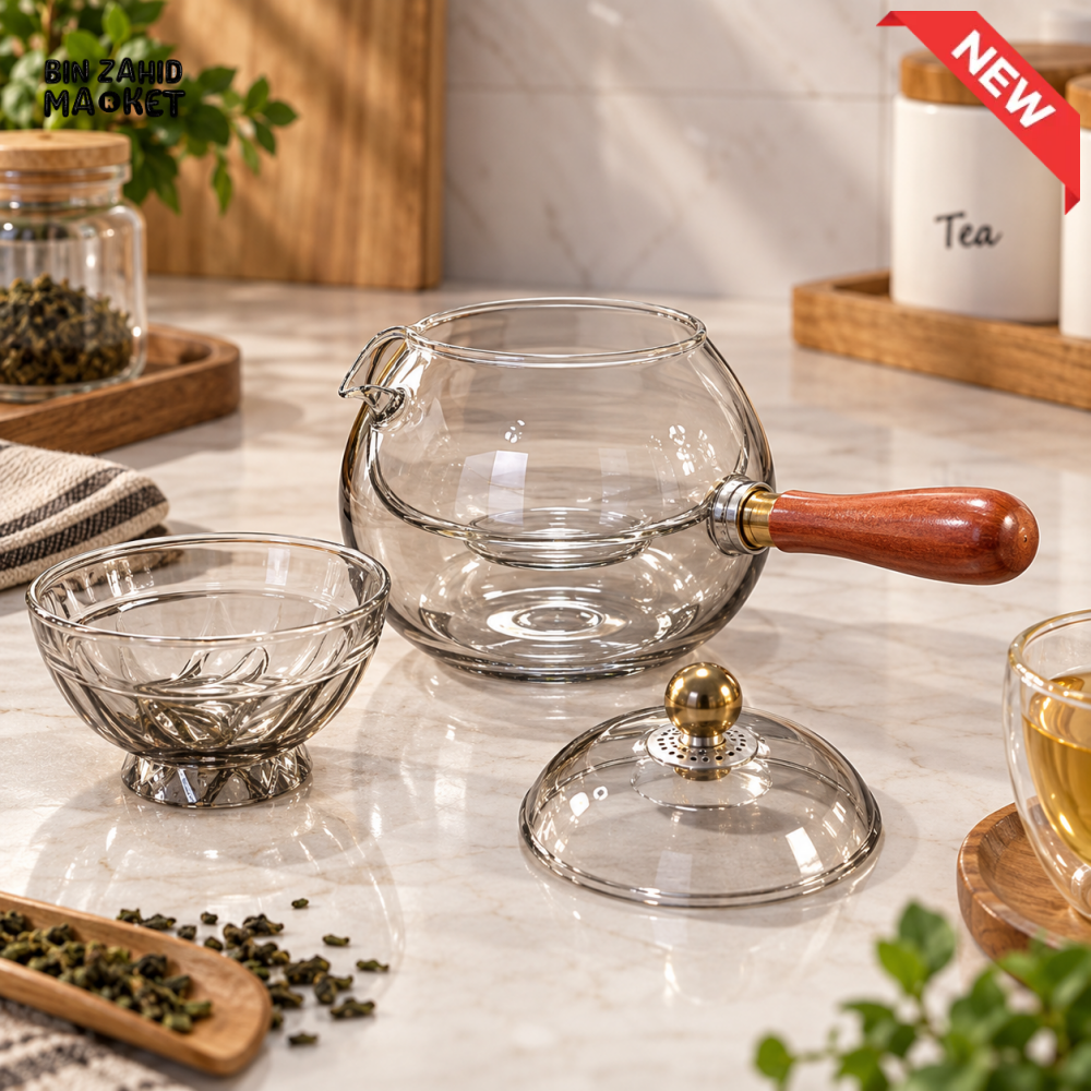 GLASS TEAPOT WITH WOODEN HANDLE & GLASS LID
