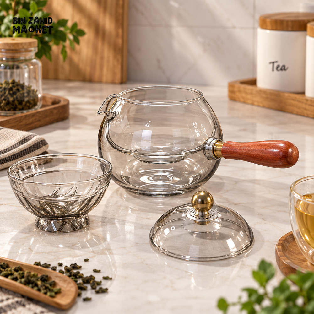 GLASS TEAPOT WITH WOODEN HANDLE & GLASS LID
