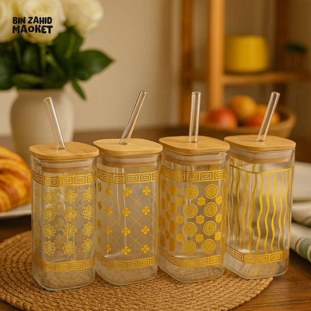 GLASS TUMBLER SET WITH BAMBOO LIDS & STRAWS – 1 PIECE GOLD PATTERN DRINKING CUPS FOR LUXURY KITCHEN & DINING