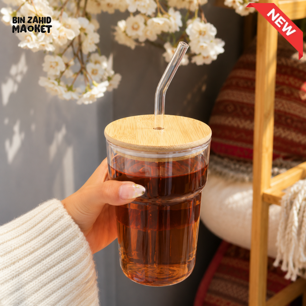 GLASS TUMBLER WITH BAMBOO LID AND REUSABLE GLASS STRAW