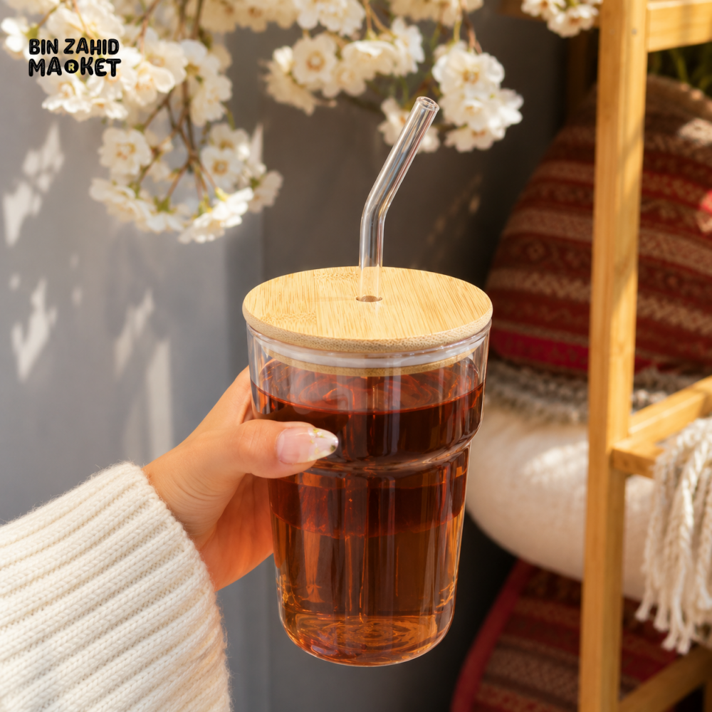 GLASS TUMBLER WITH BAMBOO LID AND REUSABLE GLASS STRAW