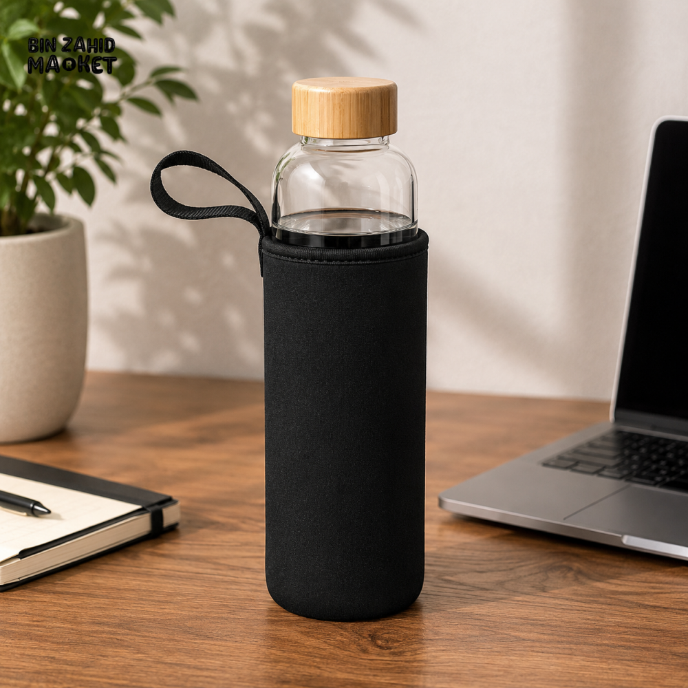 GLASS WATER BOTTLE WITH BAMBOO LID & CARRYING SLEEVE - Bottles