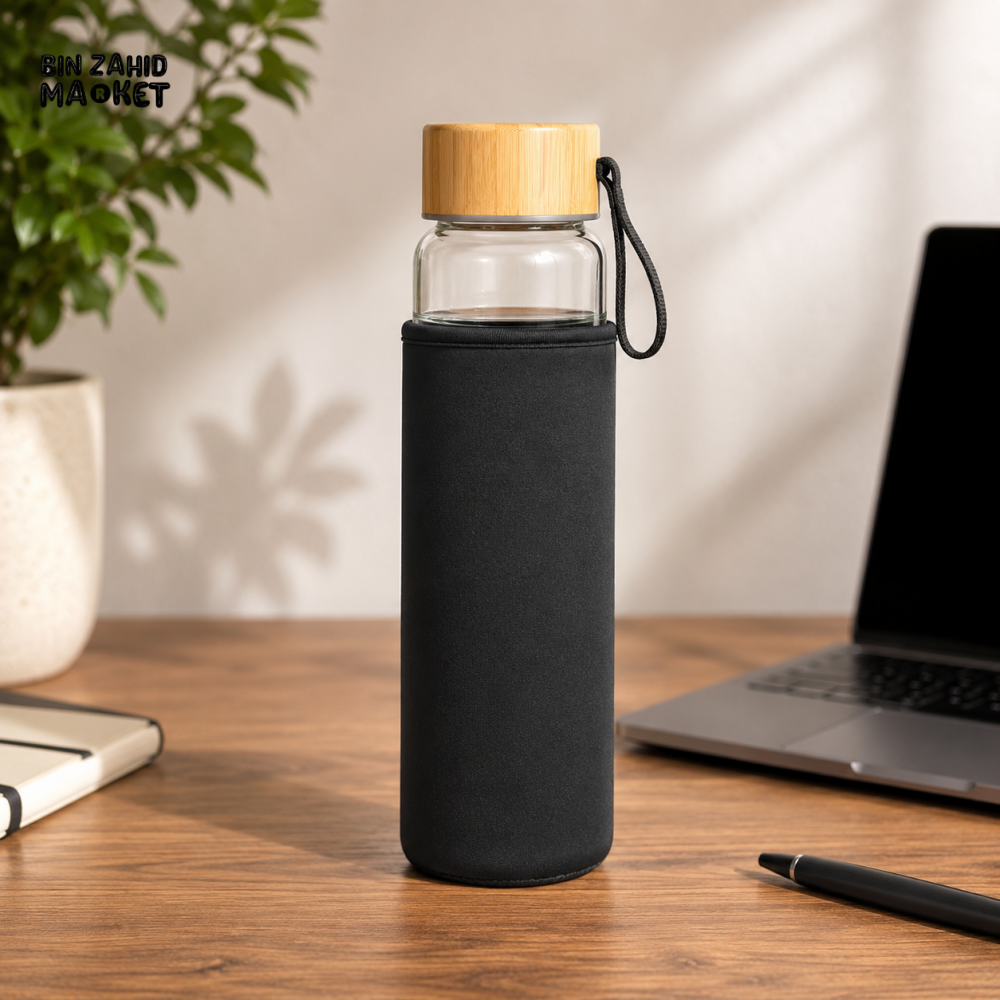 GLASS WATER BOTTLE WITH BAMBOO LID & PROTECTIVE SLEEVE - Bottles