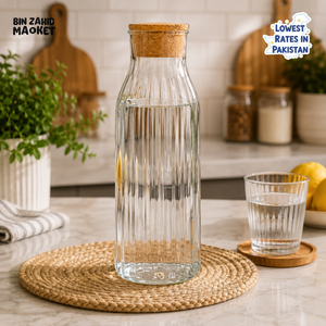 RIBBED GLASS WATER BOTTLE WITH CORK LID - VERTICAL RIBBED