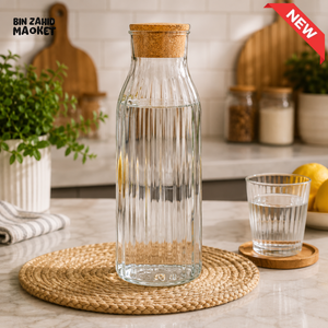 RIBBED GLASS WATER BOTTLE WITH CORK LID - VERTICAL RIBBED