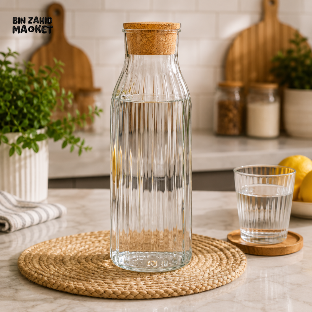 RIBBED GLASS WATER BOTTLE WITH CORK LID - VERTICAL RIBBED