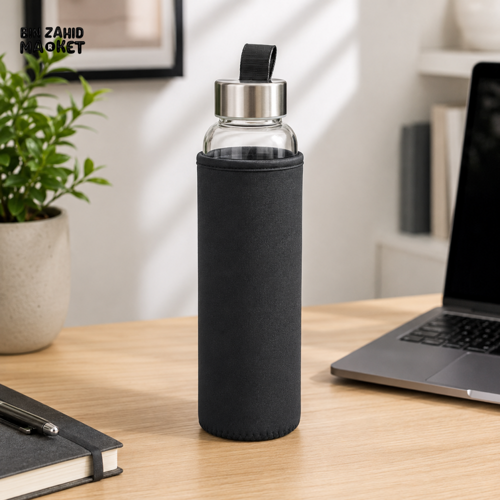 GLASS WATER BOTTLE WITH STAINLESS STEEL LID & INSULATED SLEEVE - Bottles