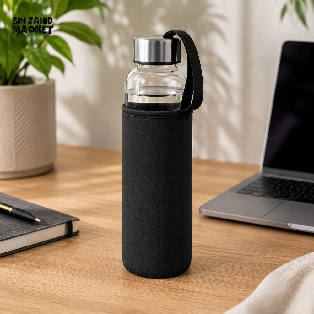 GLASS WATER BOTTLE WITH STAINLESS STEEL LID & PROTECTIVE SLEEVE - Bottles