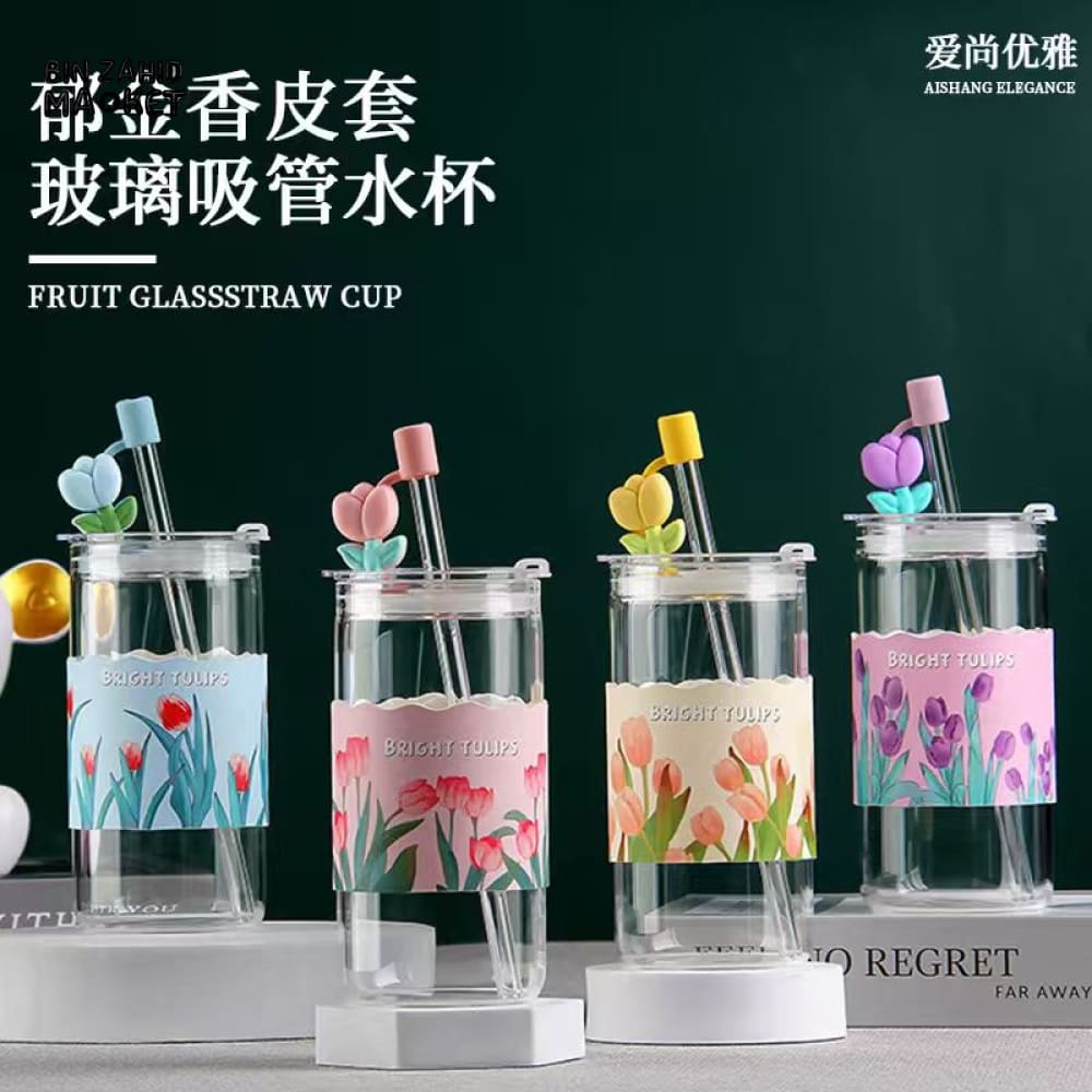 GLASS WATER CUP WITH STRAW & AIRTIGHT LID – FLOWERS SERIES 410 ML