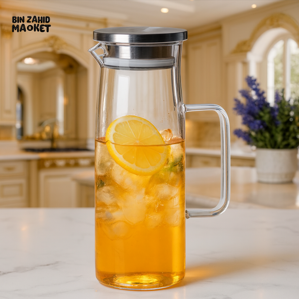 GLASS WATER JUG WITH LID – LUXURY VILLA KITCHEN ICED TEA PITCHER 1.2LITRE BG45137