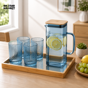 GLASS WATER PITCHER SET WITH 4 RIBBED GLASSES & BAMBOO TRAY - BLUE