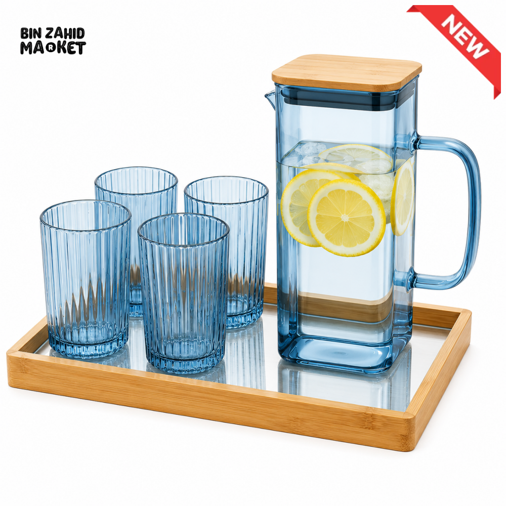 GLASS WATER PITCHER SET WITH 4 RIBBED GLASSES & BAMBOO TRAY - BLUE