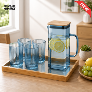 GLASS WATER PITCHER SET WITH 4 RIBBED GLASSES & BAMBOO TRAY - BLUE